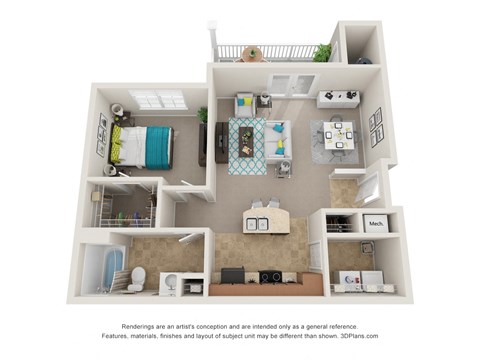 Floor plan for 1 bed, 1 bath, 801 sqft